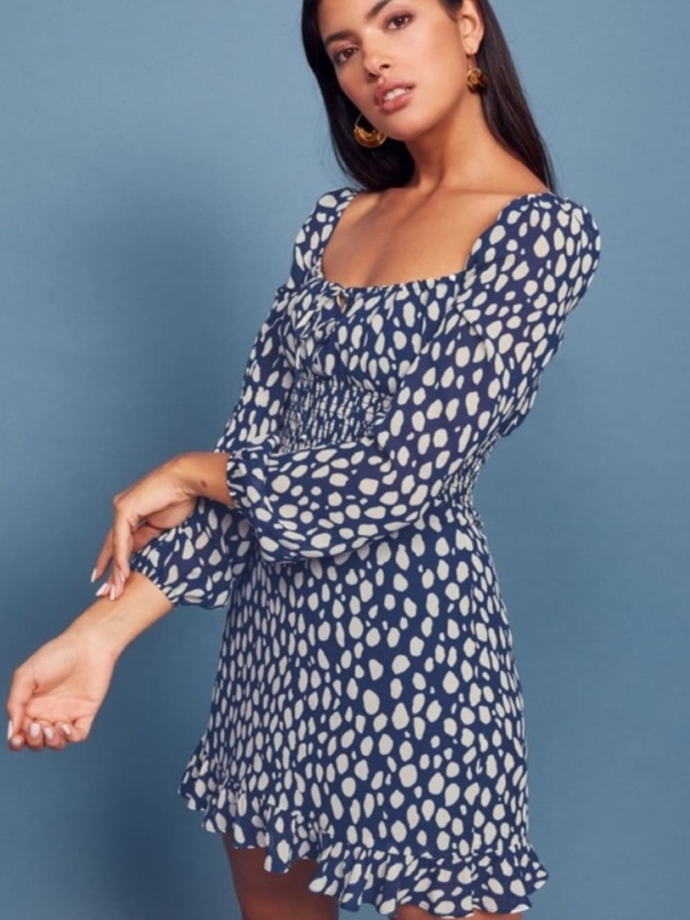 Reformation Rue Dress in Lolita Blue & White Printed Long-Sleeve Mini Dress